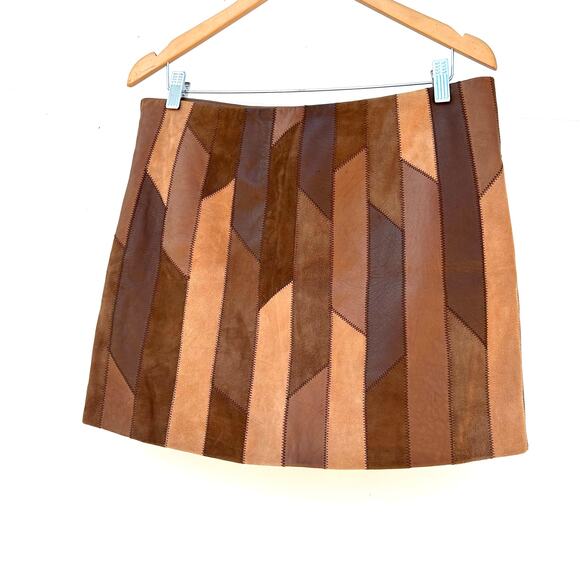 Frame Patchwork Mini Skirt Saddle Suede Leather Brown Tan Shirt Size 29 - Picture 6 of 12